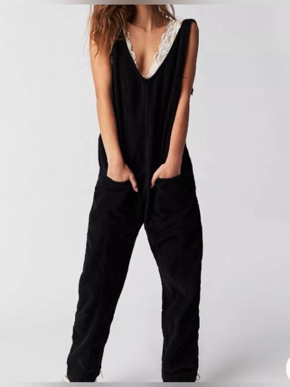 Free People We The Free High Roller Cord Jumpsuit Black Corduroy S